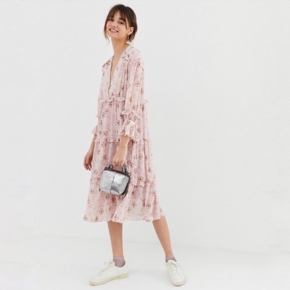 Ghospell Pink Floral Tiered Midi‎ Dress